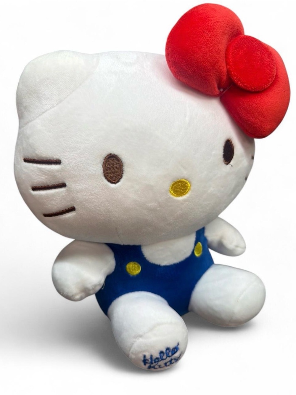 Hello Kitty Plush — White with Red Bow and Blue Overalls